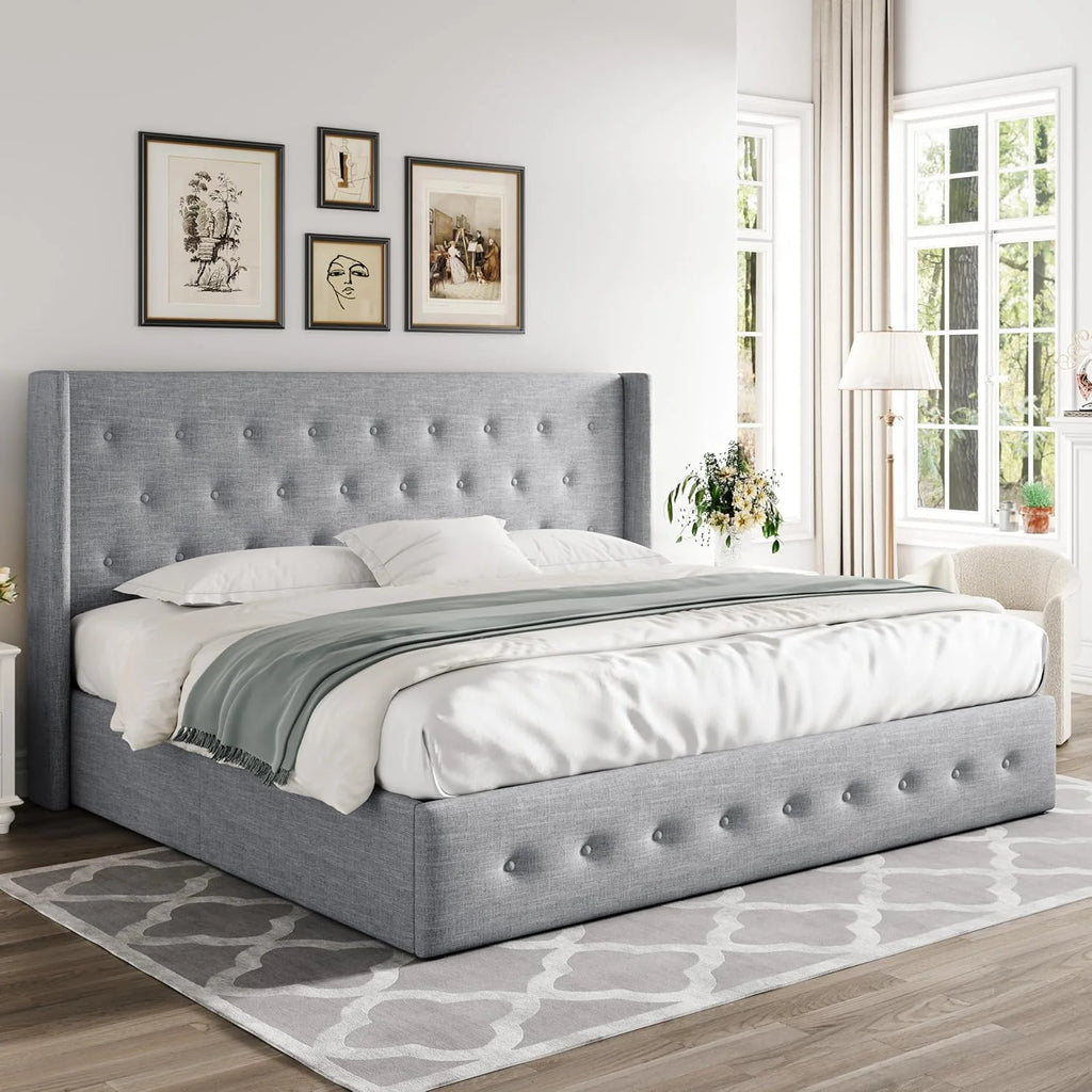 Allewie Queen Size Lift Up Storage Bed Modern Wingback Headboard Hydraulic Support
