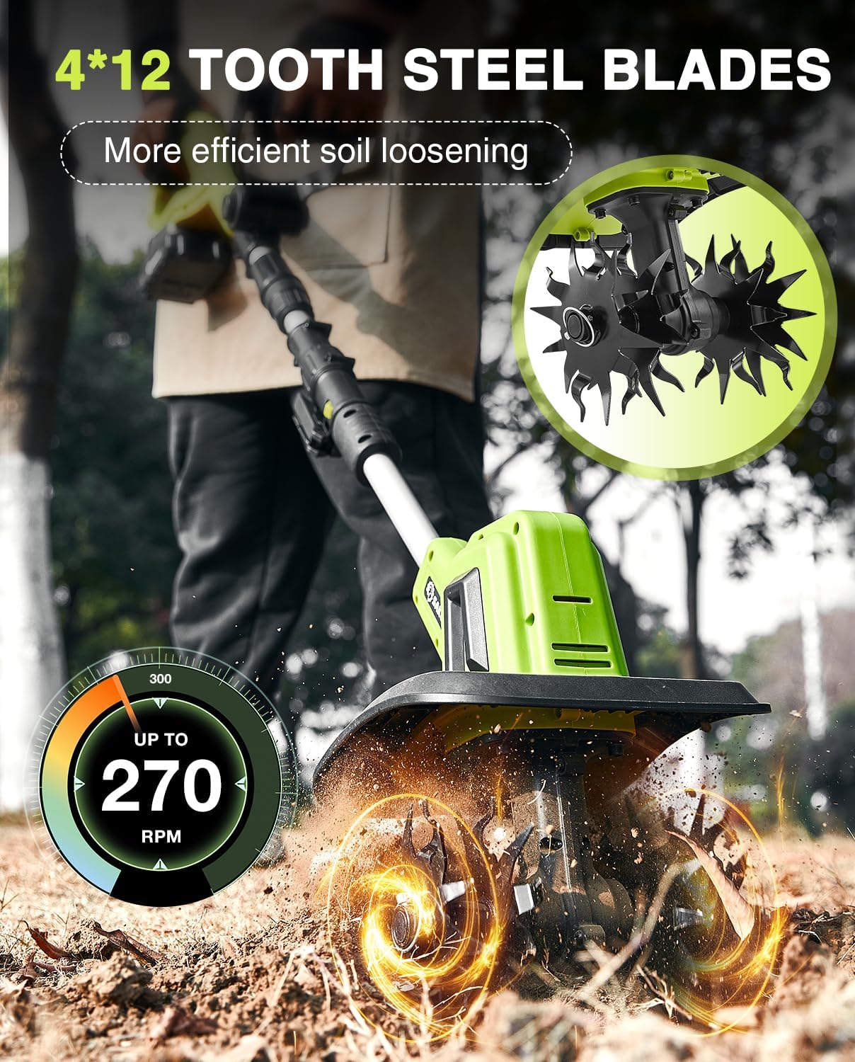 Saker 22V Cordless Electric Garden Tiller Cultivator Lightweight Rototiller for Gardening
