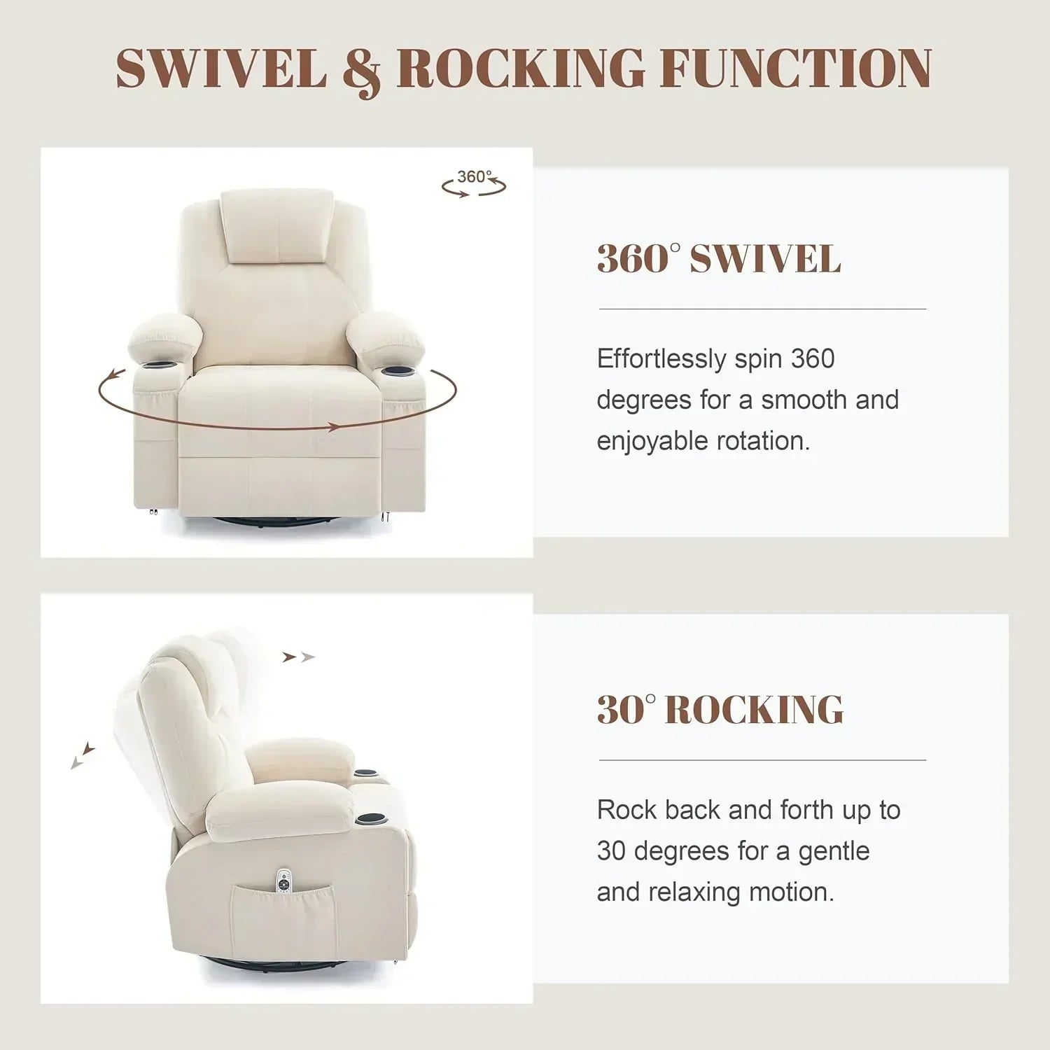Large Swivel Rocking Recliner with Massage Function 360 Degree Swivel Rocking Single Sofa