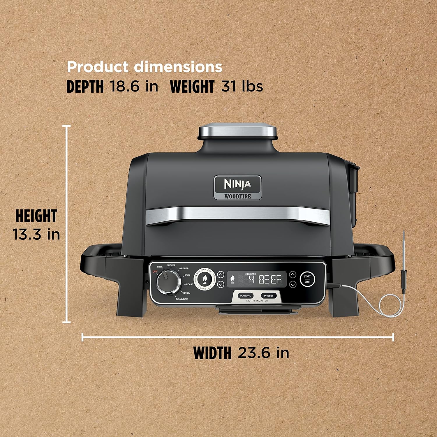 OG751 Woodfire Pro Outdoor Grill Built-In Thermometer 7-in-1 Master Grill BBQ Smoker Air Fryer