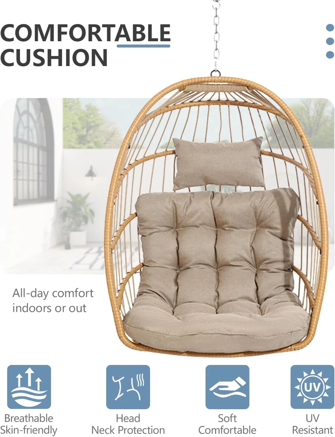 SWITTE Egg Chair Outdoor Indoor Wicker Hanging Egg Swing Chair 350lbs Capacity for Patio