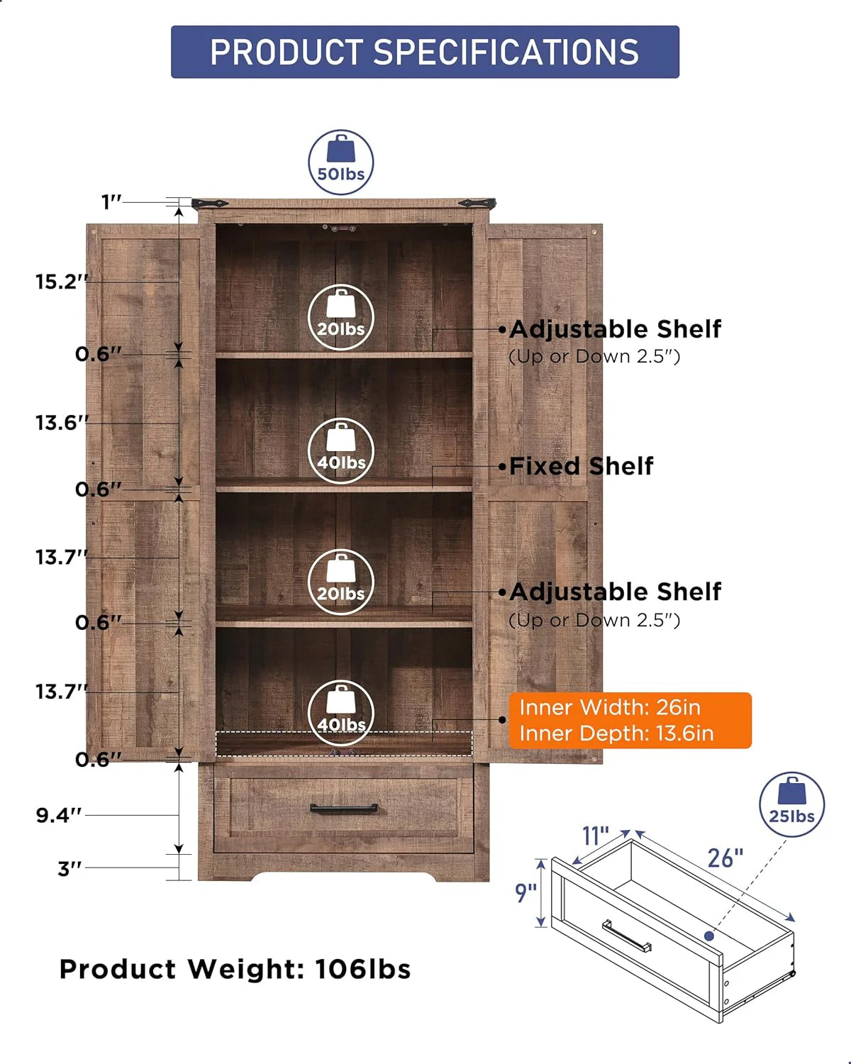 JXQTLINGMU Farmhouse Kitchen Pantry - 72 Tall Wood Kitchen Storage Cabinet with Adjustable Shelves and 2 Barn-Style Doors and Drawers