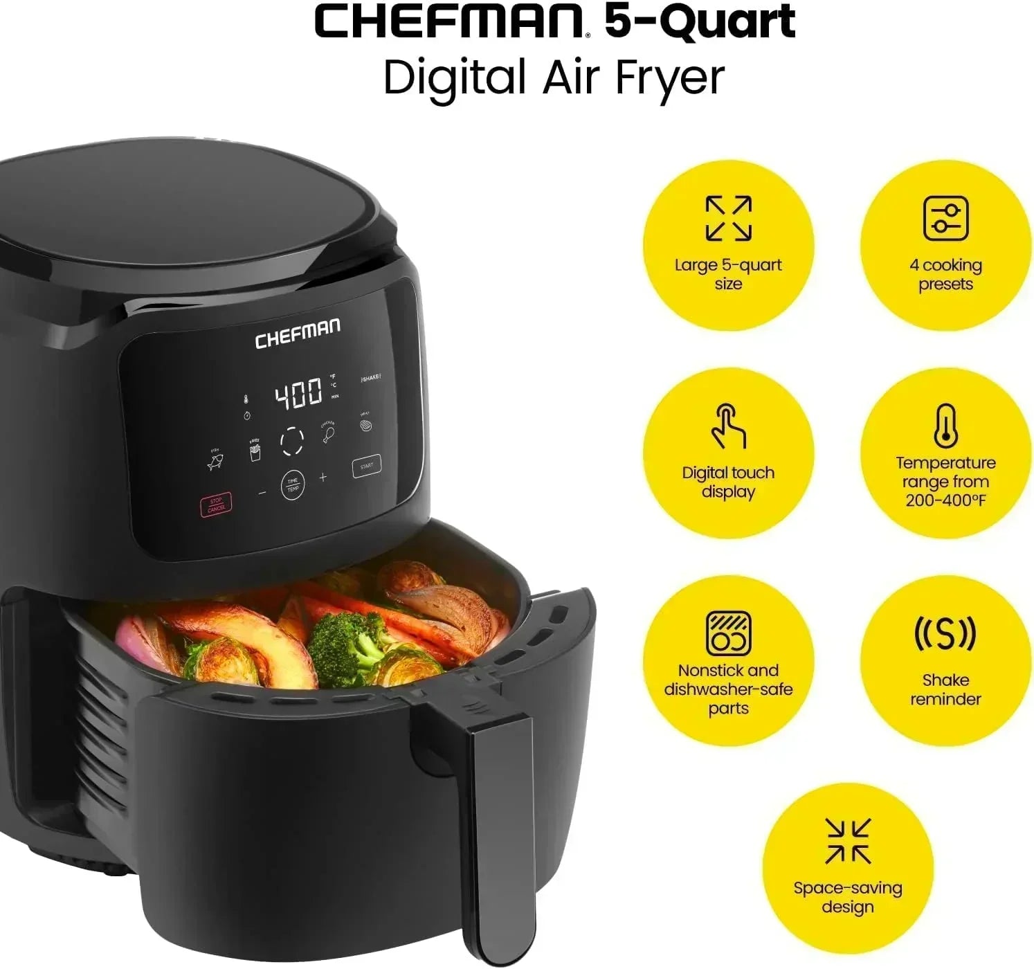 Chefman 6-Quart Double Basket Air Fryer Easy View Window uses two separate nonstick pans
