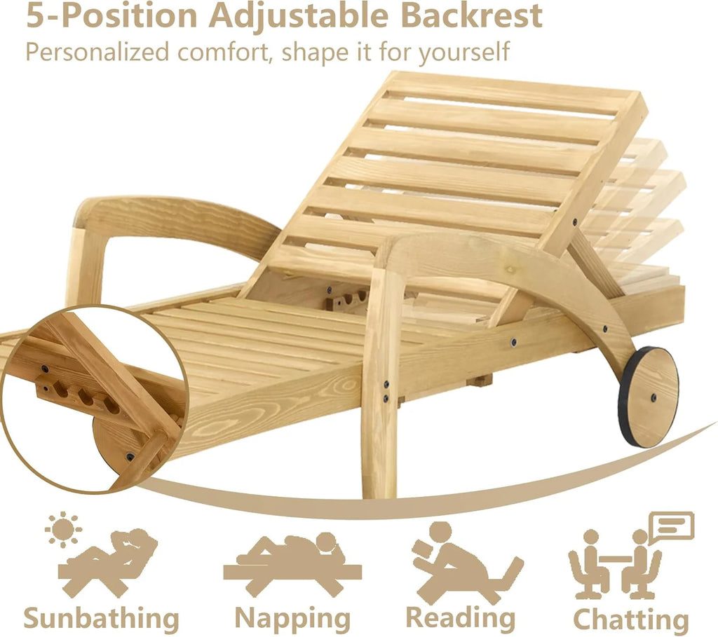 Pool Chaise Lounge Chairs Set of 4 5-Position Adjustable Outdoor Patio Lounge Chairs Wood Reclining Chaise Lounger Chair with Pullout Side Table