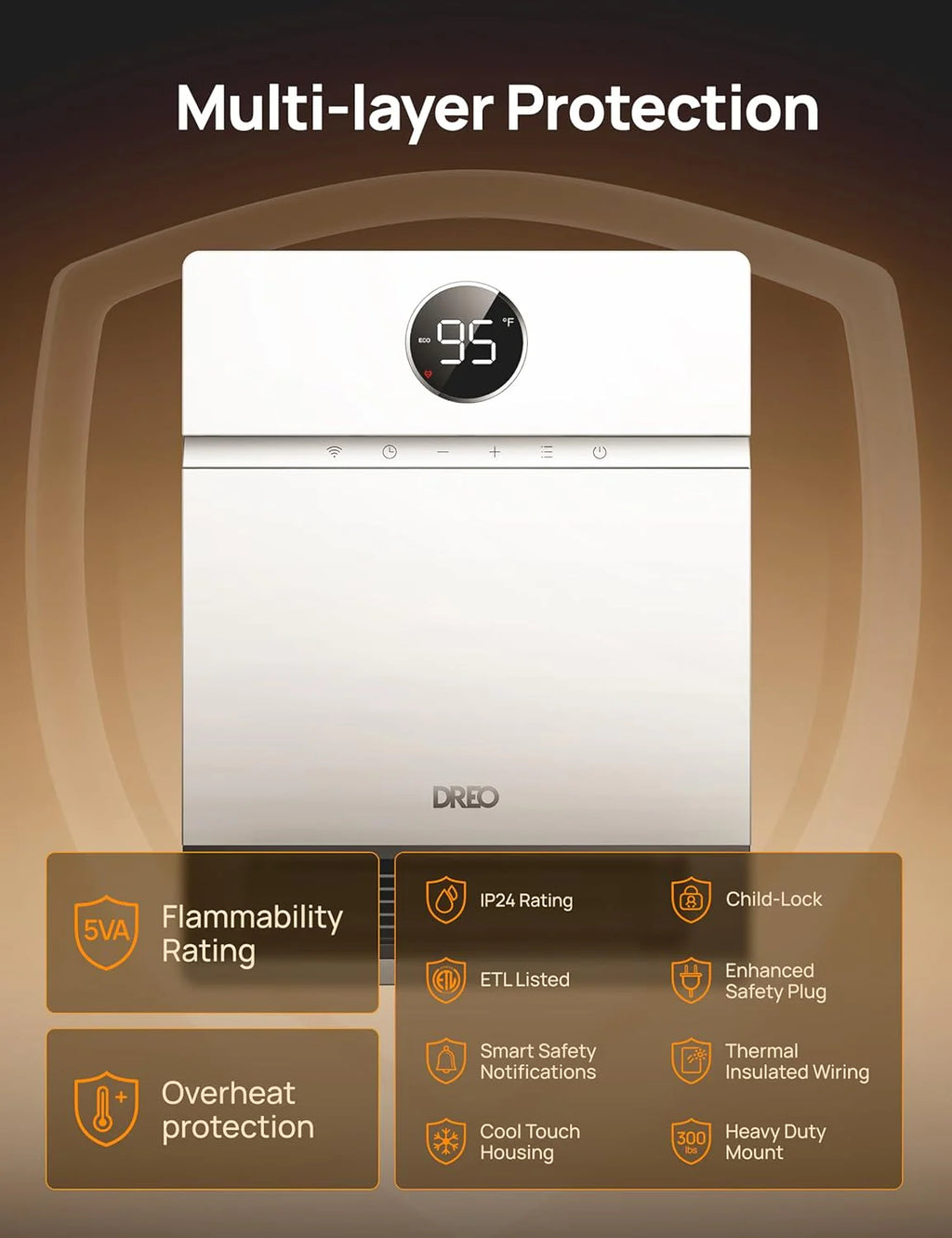 Dreo Smart Wall Heater, IP24 Electric PTC Space Heaters for Indoor Use, 30�� Oscillation, Adjustable Thermostat, Remote Control, Works with Alexa, 24H Timer, Easy-mounted for Bedroom, Office, Home