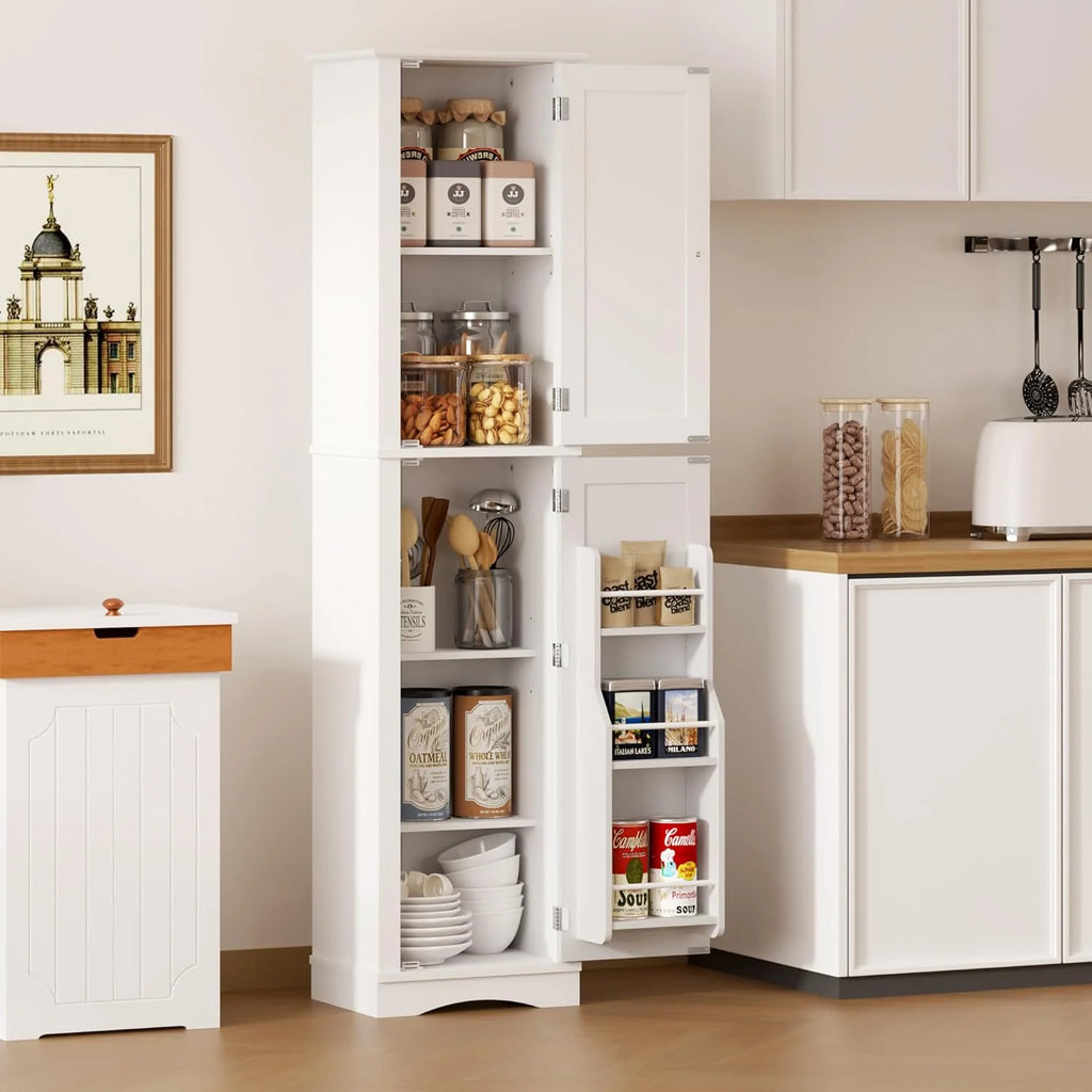 Tall Pantry Cabinet, Freestanding Storage Cabinet, Wooden Kitchen Pantry with 4 Doors and 5 Shelves, 72 Floor Cabinet Organizer