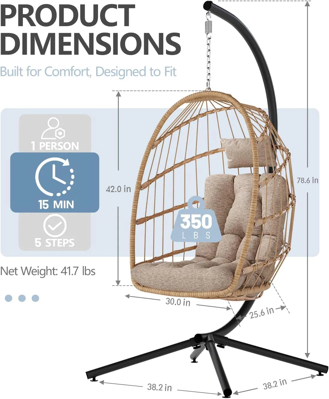 SWITTE Egg Chair Outdoor Indoor Wicker Hanging Egg Swing Chair 350lbs Capacity for Patio
