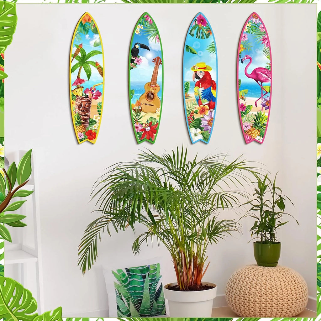 Blulu 4 Pcs Surfboard Wall Decor Surfboard Wall Hanging Sign Wooden Beach Decoration Summer Theme Decor Hawaiian Luau Party Decoration for Home Bar Aloha Tropical Birthday Party(Tiki)