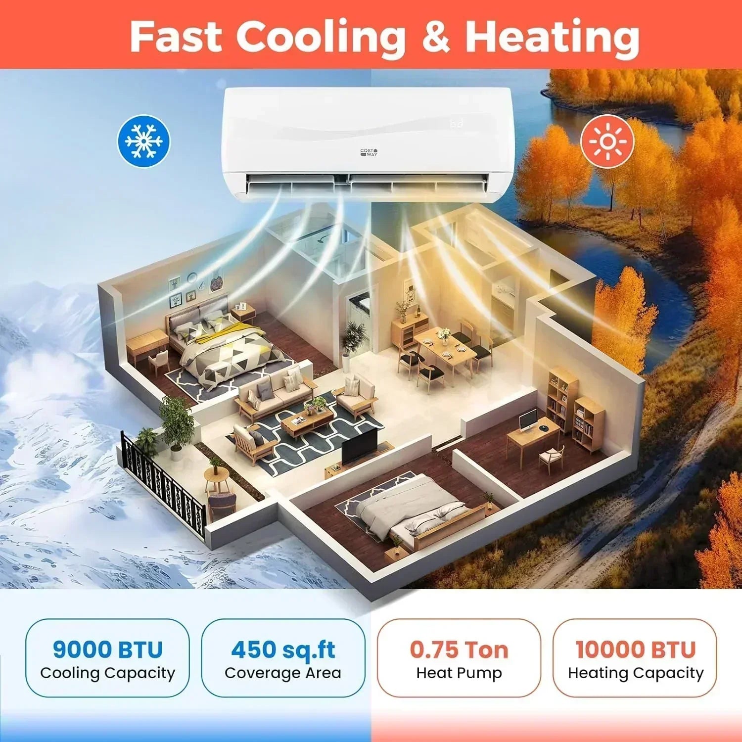 COSTWAY 12000BTU Mini Split Air Conditioner Heater 20 SEER2 115V Wall-Mounted Ductless