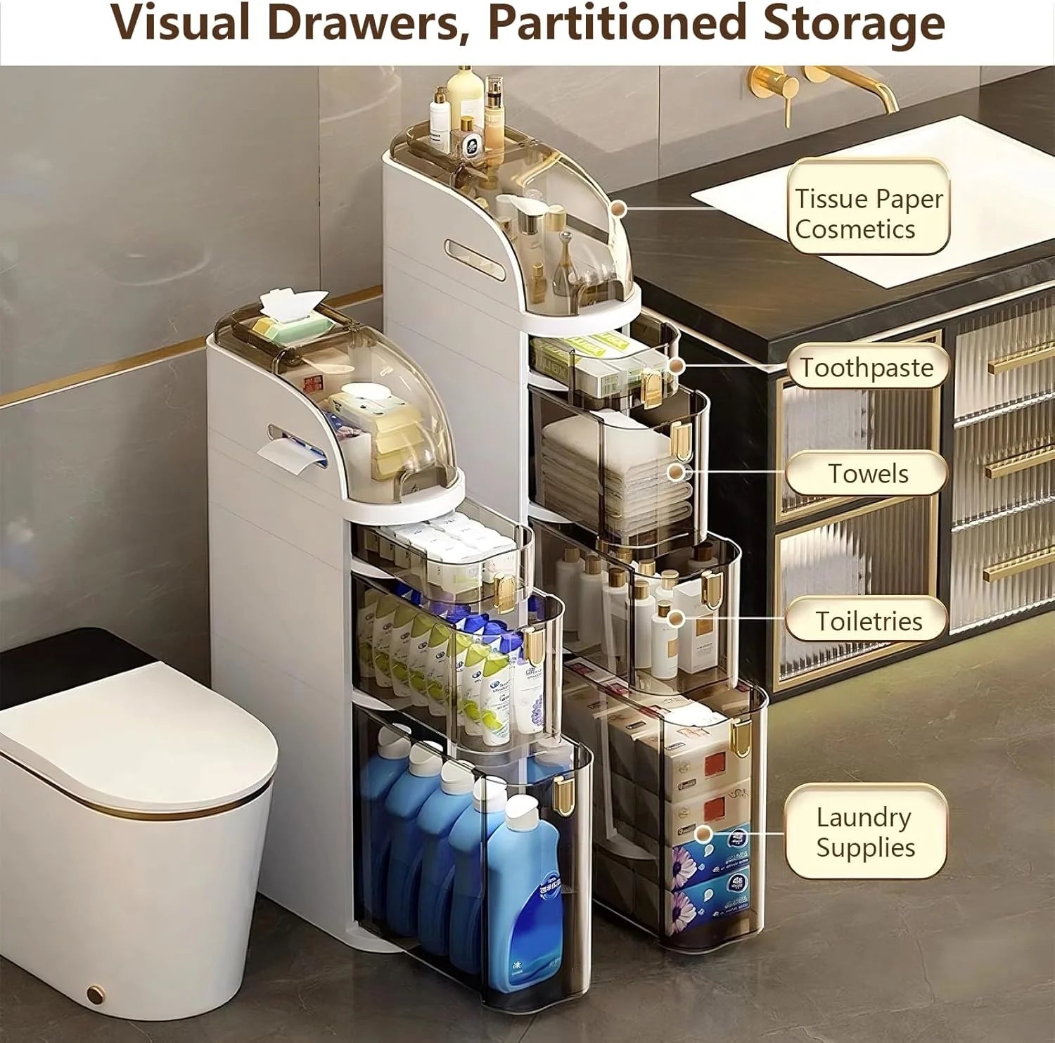 4-Tiers Narrow Bathroom Storage Cabinet 7.1 Slim Bathroom Floor Organizer with Drawers