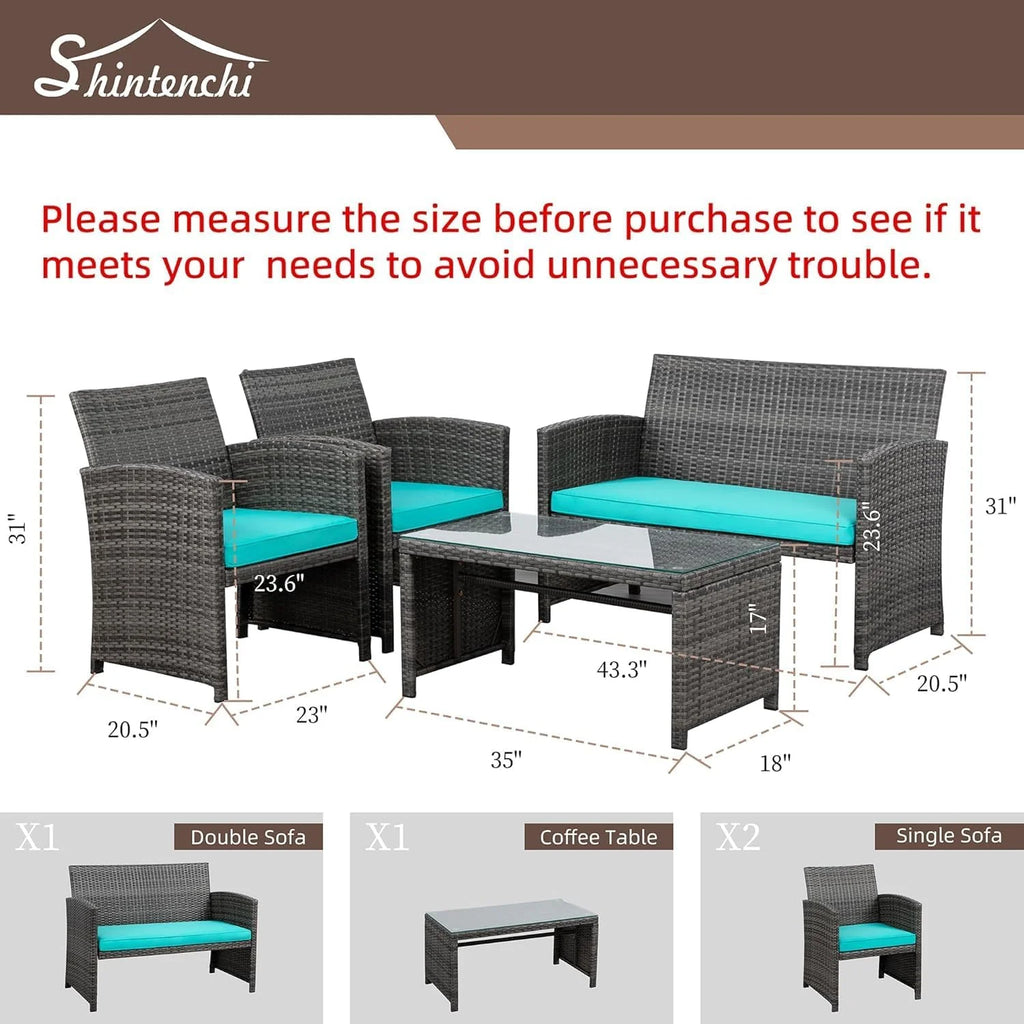 Shintenchi 4 Piece Patio Ratten Set Outdoor Furniture Set Wicker Conversation Set with Cushions and Tempered Glass Tabletop,Beige