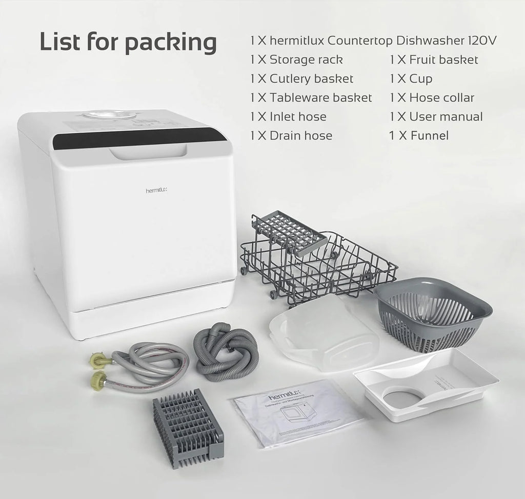 Hermitlux Countertop Dishwasher, 7 Washing Programs Portable Mini Dishwasher with 5-Liter Built-in Water Tank for Apartments & RVs, LED Light, Glass Door, No Hookup Needed