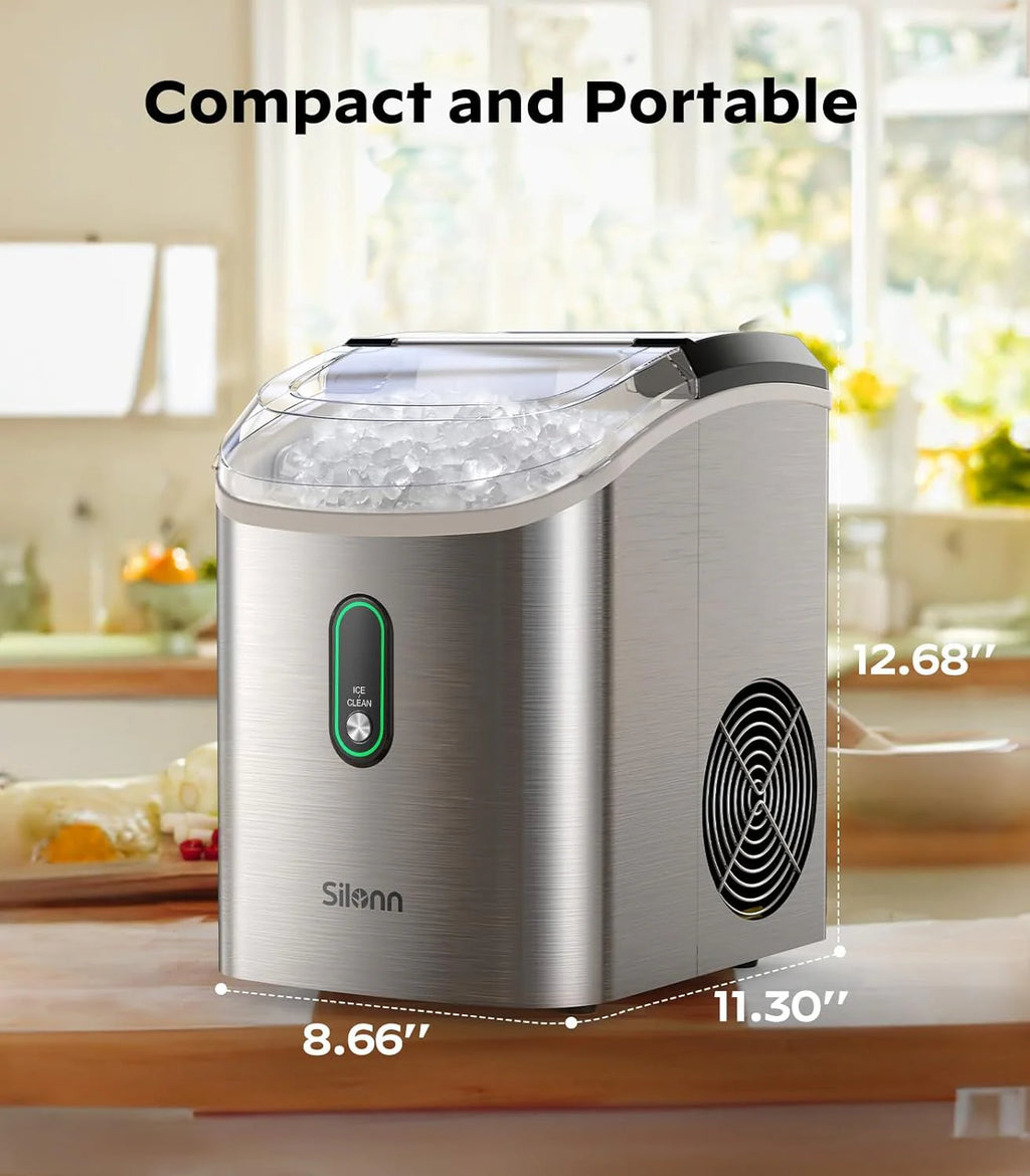 Nugget Ice Maker Countertop, Silonn Chewable Pellet Ice Machine with Self-Cleanin Function, 33lbs/24H Portable Ice Makers for Home Kitchen Officce, Black