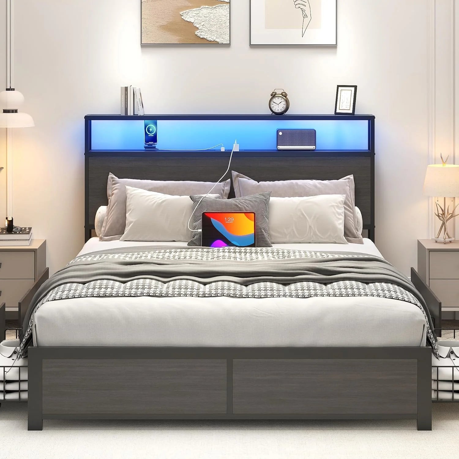 Lifezone Queen Bed Frame with 2-Tier Storage Headboard, Metal Platform Bed Frame with 4 Storage Drawers, Built in Charging Station & LED, Noise-Free/Metal Support/No Box Spring Needed