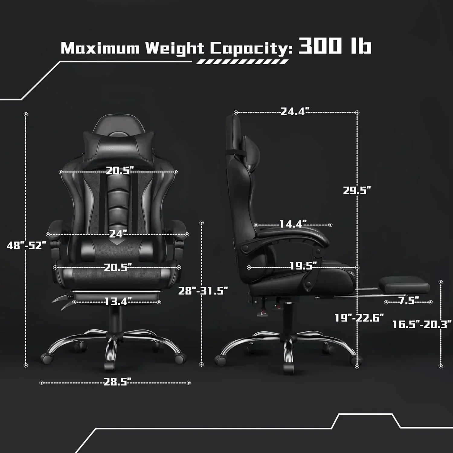 Gaming Chair with Massage Lumbar Support and Footrest Height Office Gaming Chair
