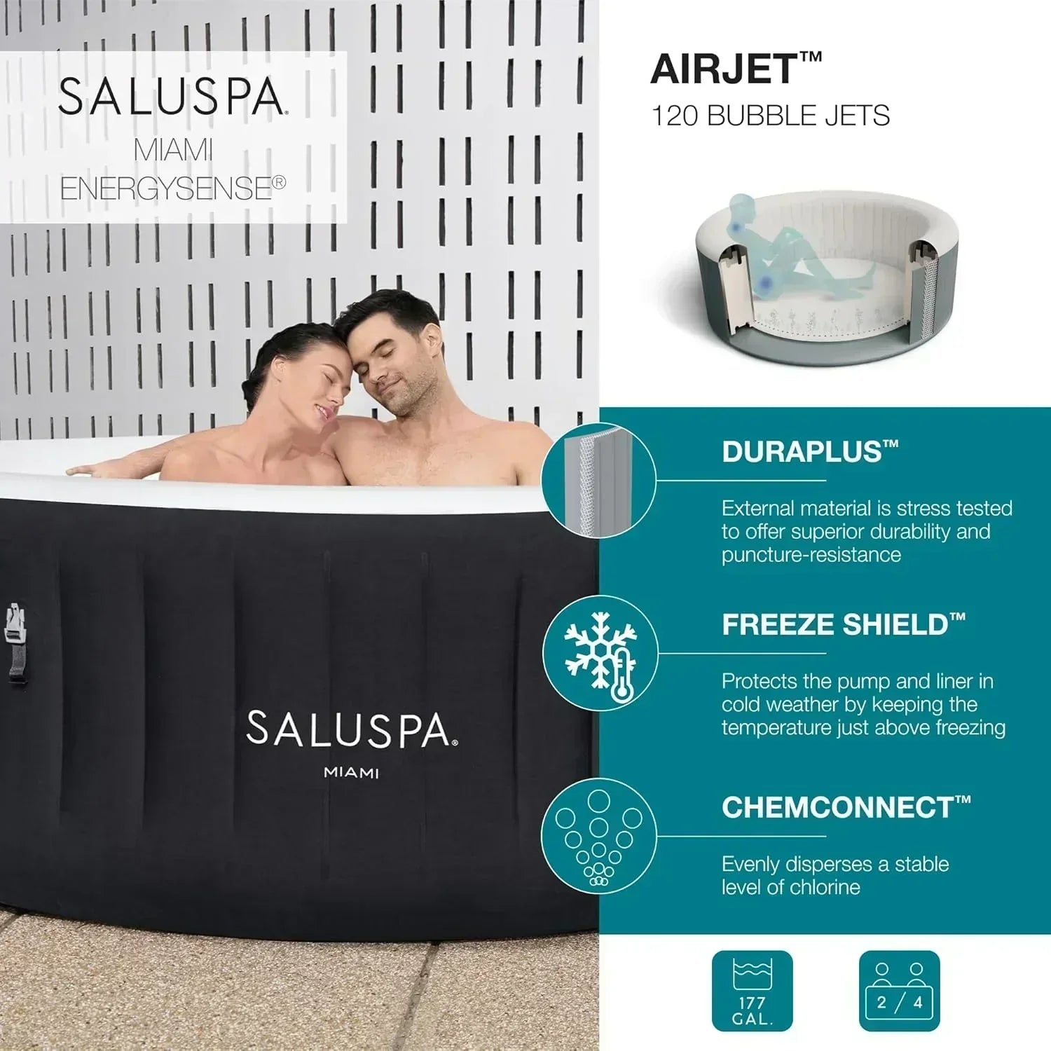 Bestway SaluSpa Miami EnergySense AirJet Inflatable Hot Tub Spa 71 x 26 Portable Hot Tub