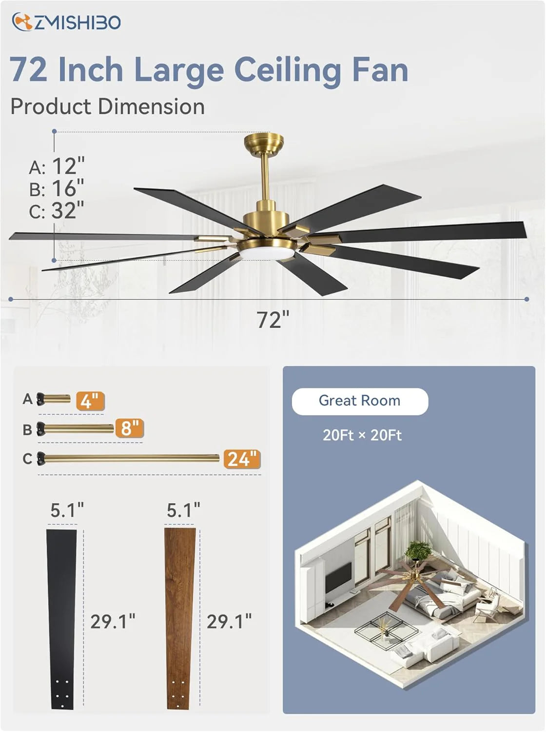ZMISHIBO 72 inch Large Ceiling Fans with Lights and Remote, Indoor/Outdoor Black Modern Ceiling Fan for Kitchen Living Room Patio, 6 Speed Reversible Quiet DC Motor, 3 CCT, Dual Finish 8 Blades