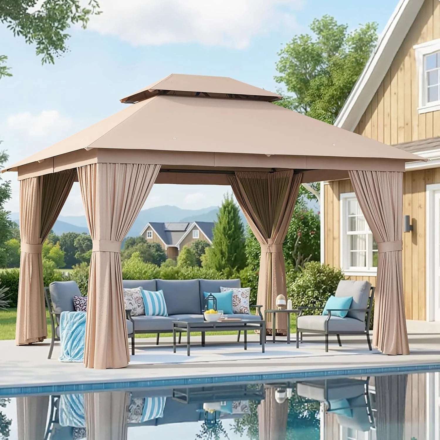 Aoxun Outdoor Gazebo for Patio 10x12, Metal Frame Canopy with Double Roofs