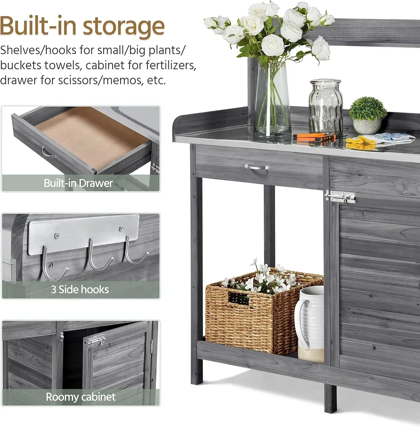 Yaheetech Outdoor Garden Potting Bench Table Work Bench Metal Tabletop Cabinet Drawer