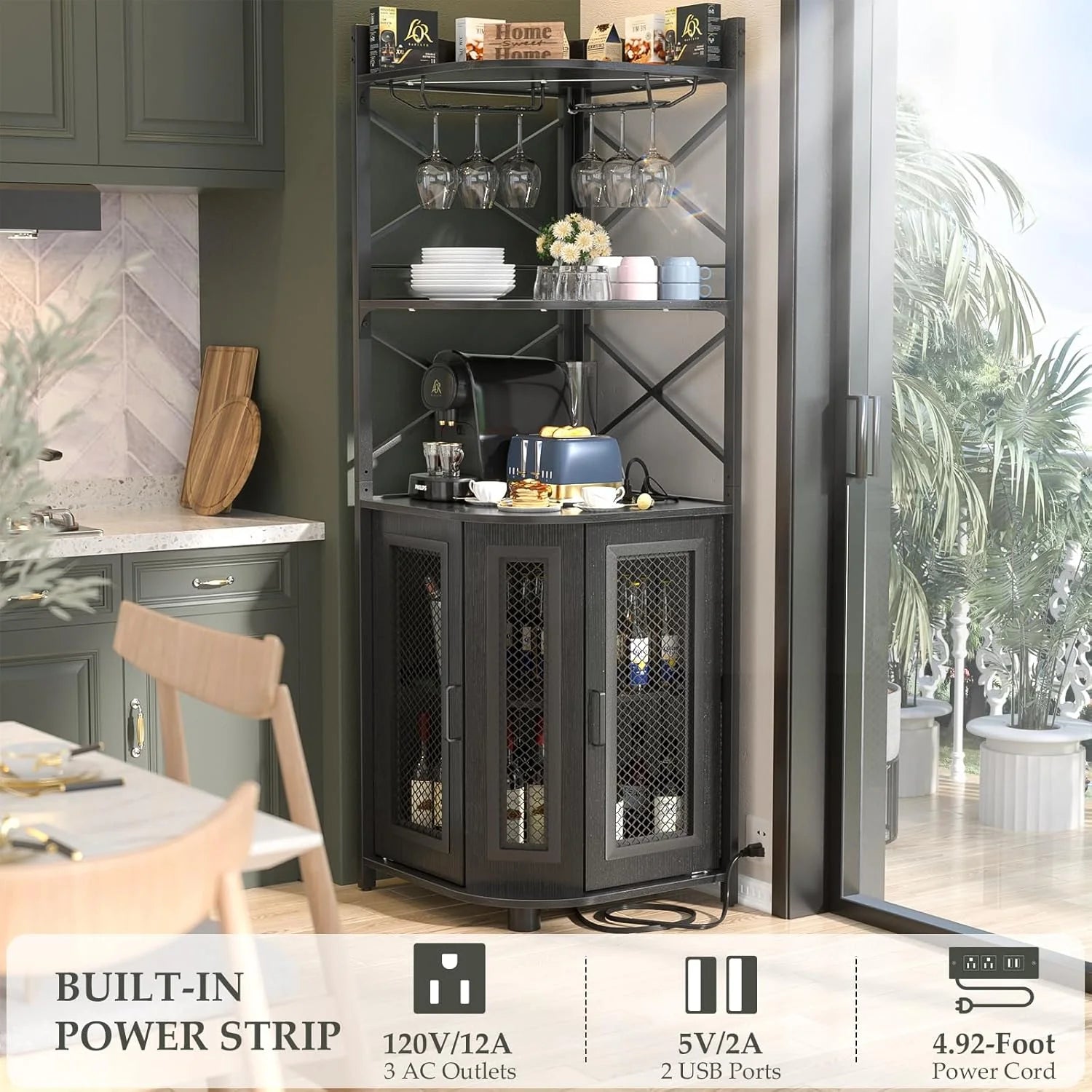 Corner bar cabinet with power socket, industrial style wine cabinet with LED light strip and glass rack, home five-layer wine cabinet bar unit, small space corner display cabinet