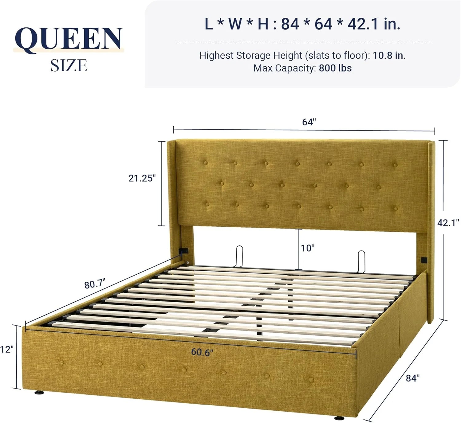 Allewie Queen Size Lift Up Storage Bed Modern Wingback Headboard Hydraulic Support