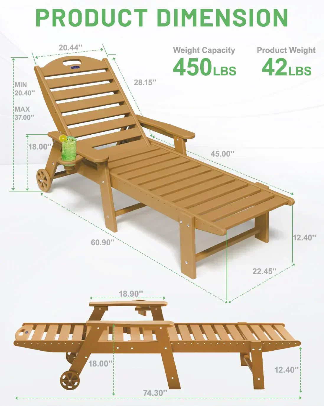 Lounge Chair Outdoor Chaise Lounge HDPE 6-Position Outdoor Chaise Lounge Patio Lounge Chair