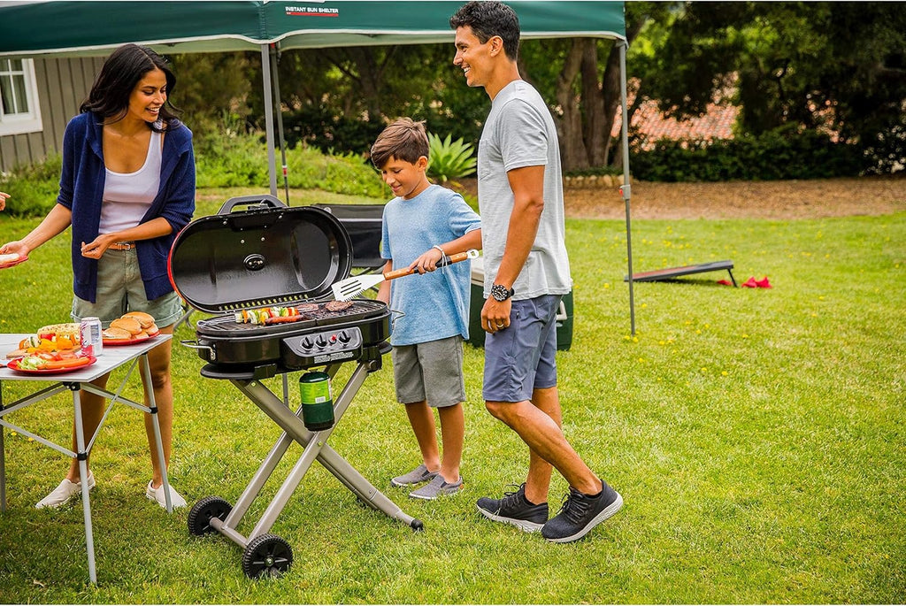 RoadTrip 285 Portable Stand-Up Propane Grill with 3 Adjustable Burners Instastart Ignition 20,000 BTUs