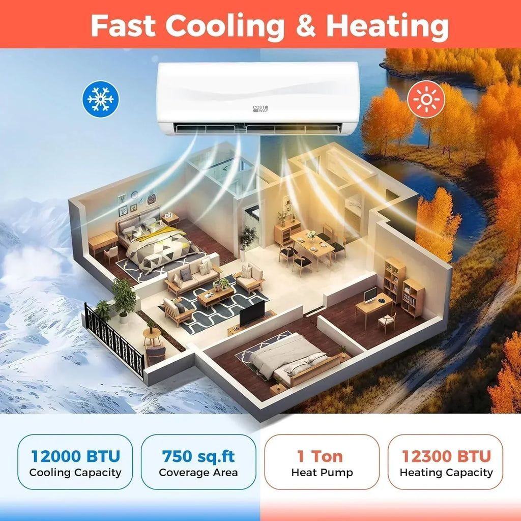 COSTWAY 12000BTU Mini Split Air Conditioner Heater 20 SEER2 115V Wall-Mounted Ductless