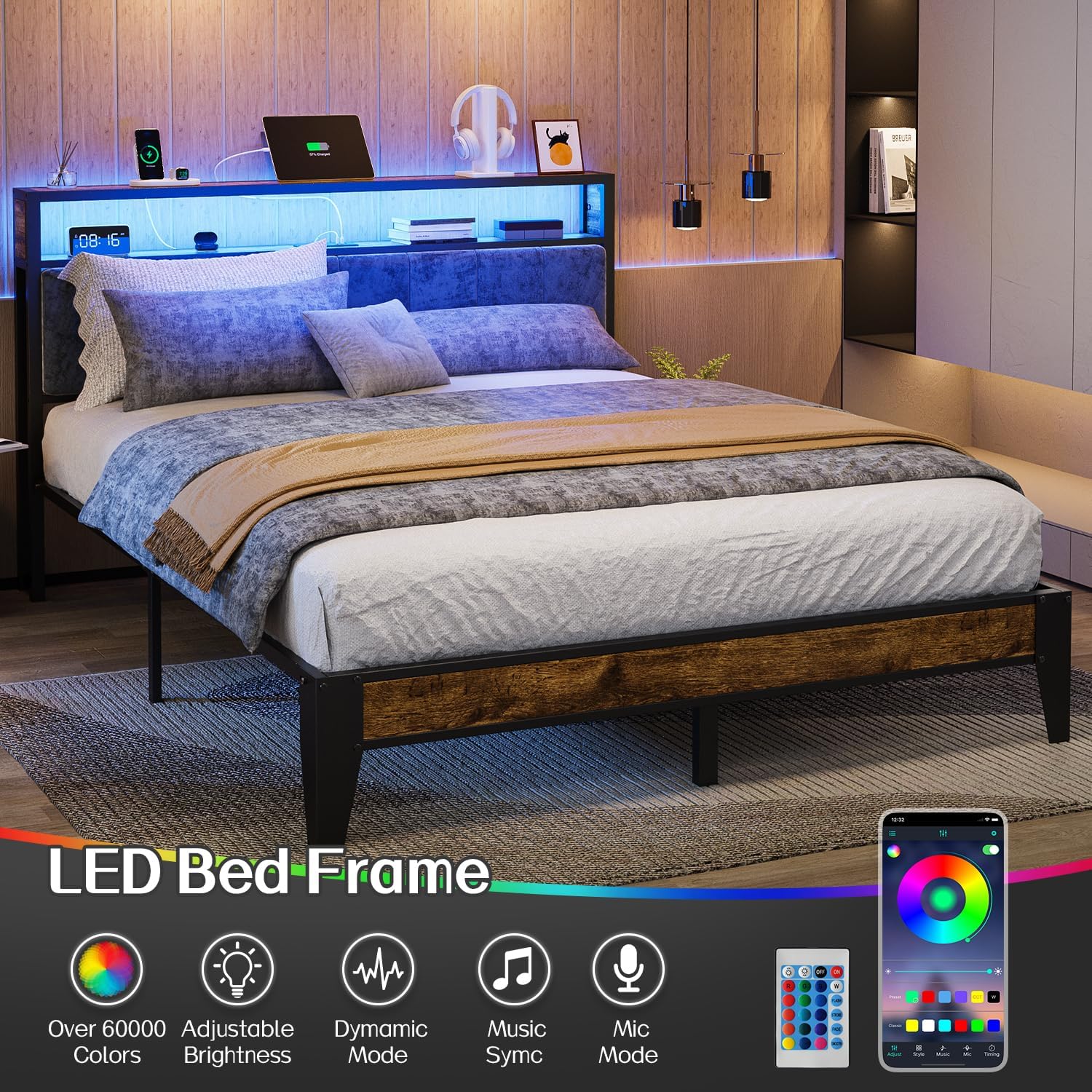 OLEVS Single Bed Frame LED Light Storage Headboard Type C Charging Station Metal Platform Bed