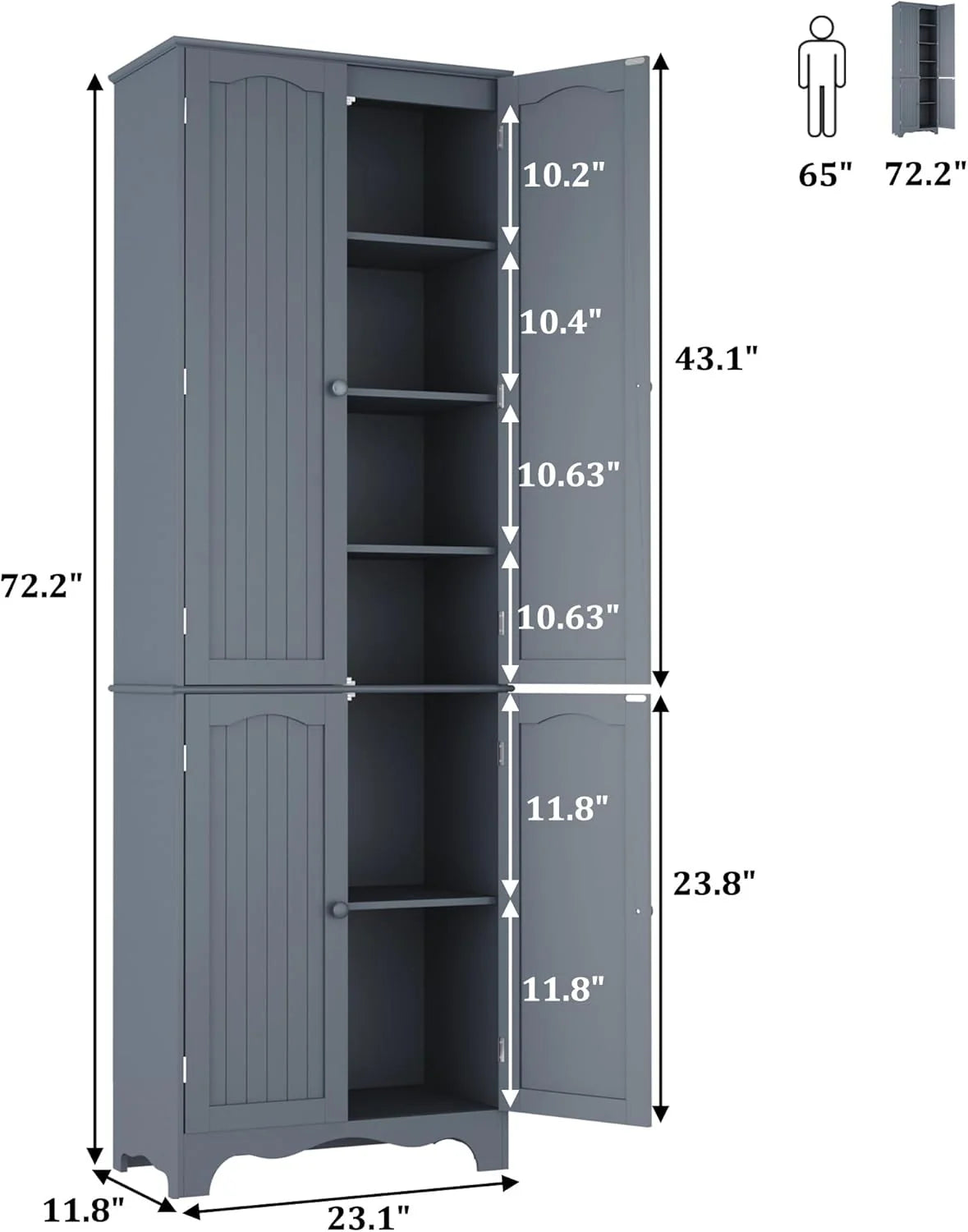 Tall Pantry Cabinet, Freestanding Storage Cabinet, Wooden Kitchen Pantry with 4 Doors and 5 Shelves, 72 Floor Cabinet Organizer