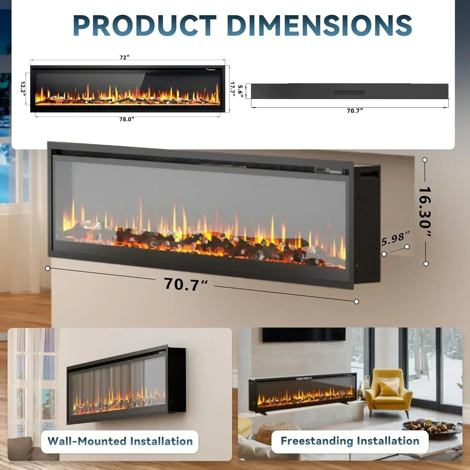 EUHOMY 50 Inch Electric Fireplace Wall Recessed Adjustable Flame Color Fireplace Heater