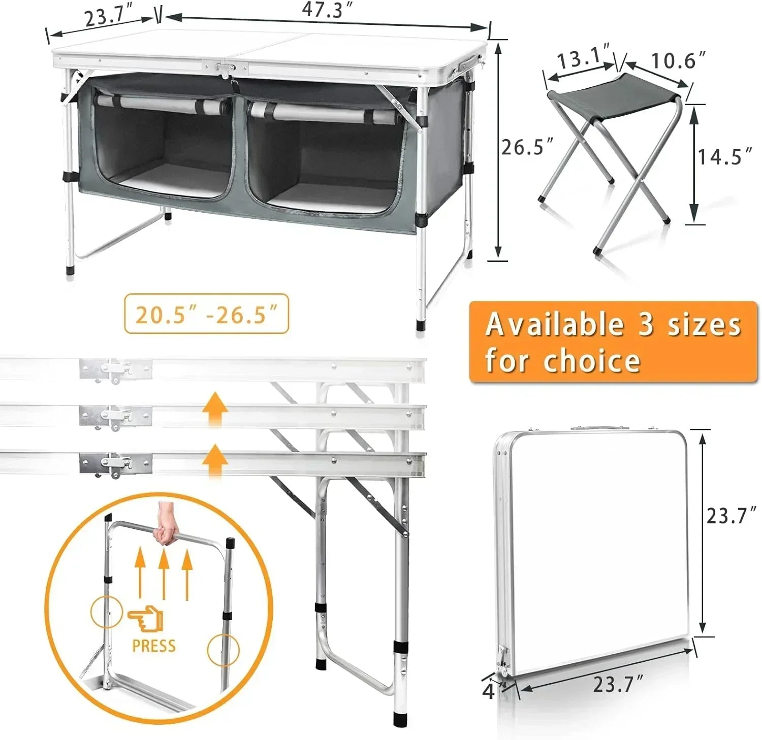 Outdoor Folding Table Aluminum Lightweight Height Adjustable with Storage Organizer