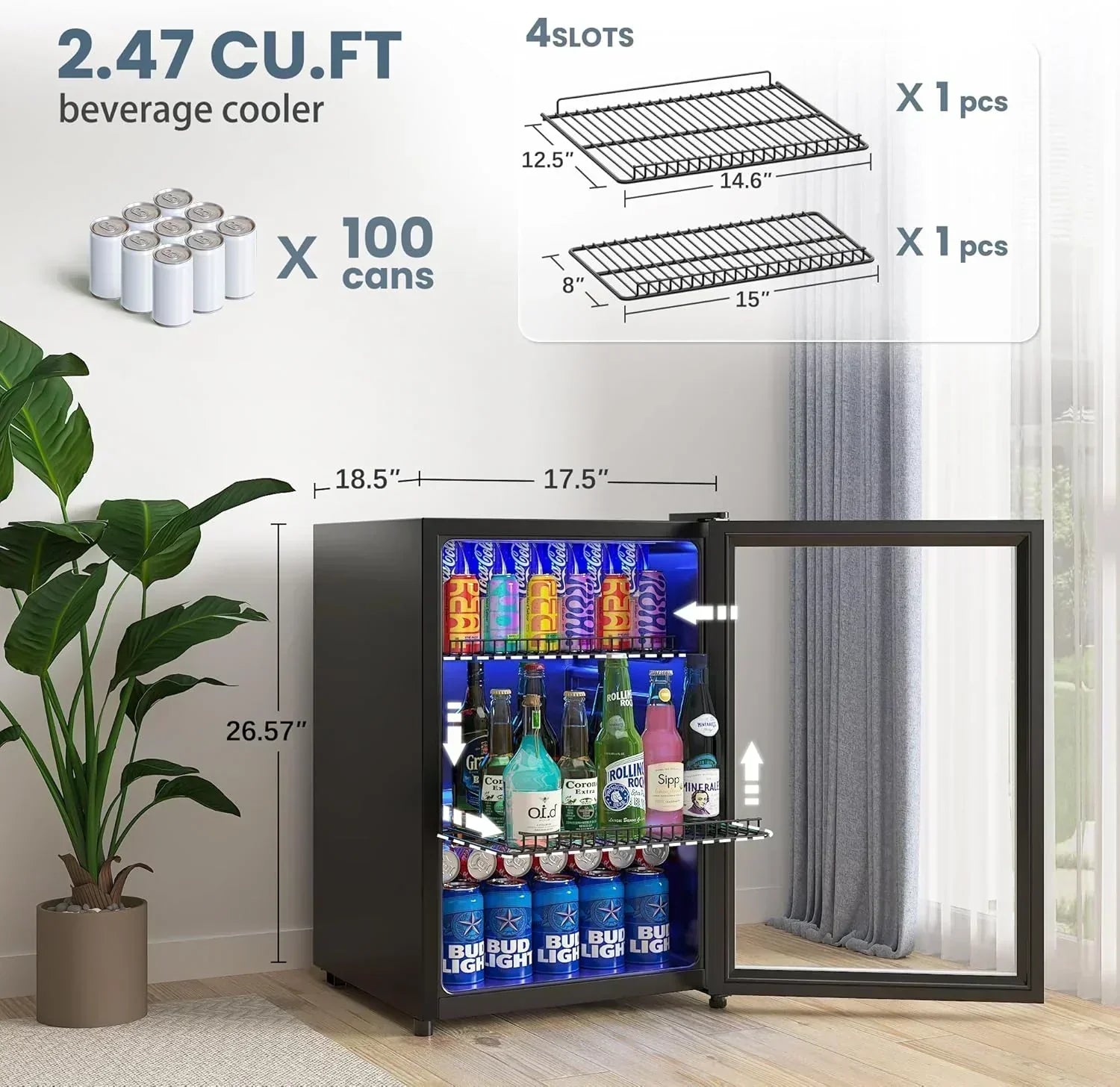 Beverage Refrigerator Cooler-120 Cans Freestanding Mini Fridge Cooler with Glass Door