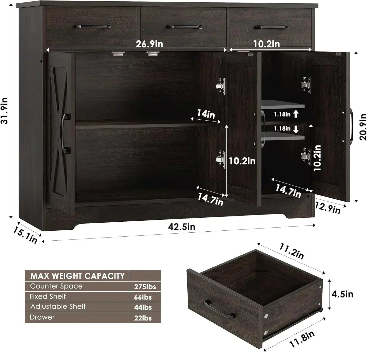 Modern farmhouse sideboard barn door buffet storage cabinet with drawers and shelves