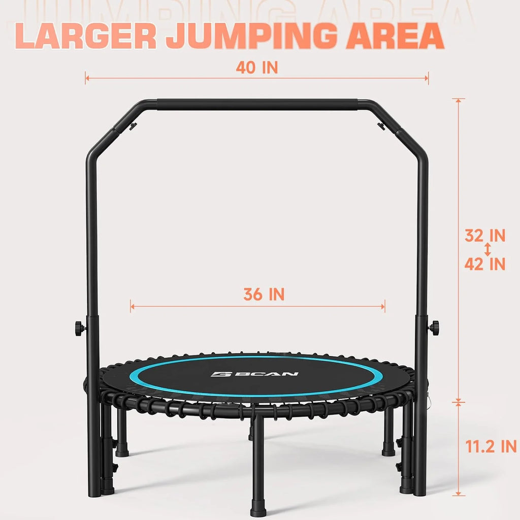 BCAN 450/550 LBS Foldable Mini Trampoline, 40/48 Fitness Trampoline with Bungees, U Shape Adjustable Foam Handle, Stable & Quiet Exercise Rebounder for Adults Indoor/Outdoor Workout