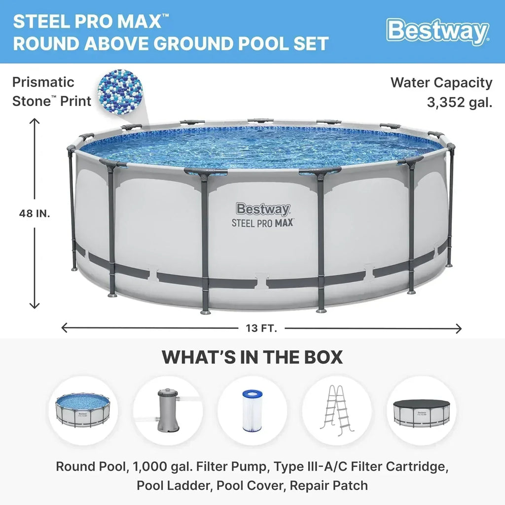 Steel Pro MAX 14 Foot x 48 Inch Round Metal Frame Above Ground Outdoor Swimming Pool Set