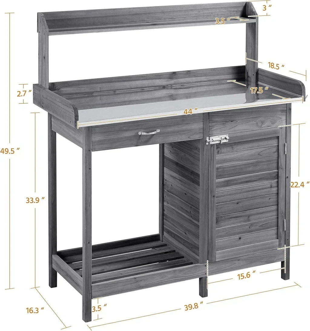 Yaheetech Outdoor Garden Potting Bench Table Work Bench Metal Tabletop Cabinet Drawer