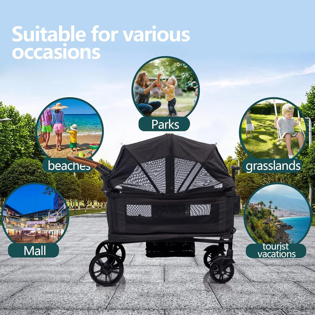 Wagon Stroller for 2 Kids Cargo-Travel Stroller Push-Pull Double Wagon Lightweight Folding Stroller