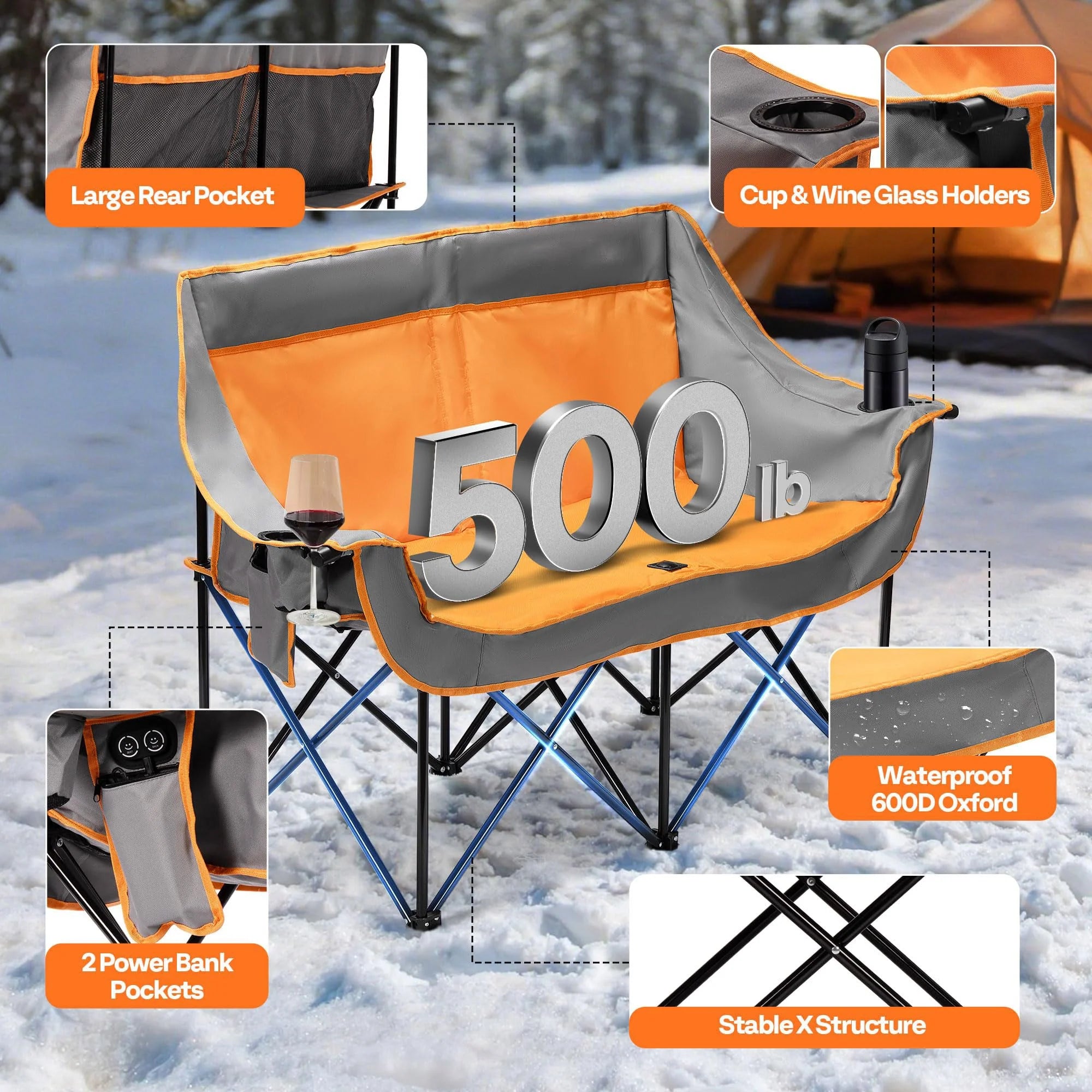 Heated Double Camping Chair Folding Padded Loveseat with Power Banks and Cup Holders