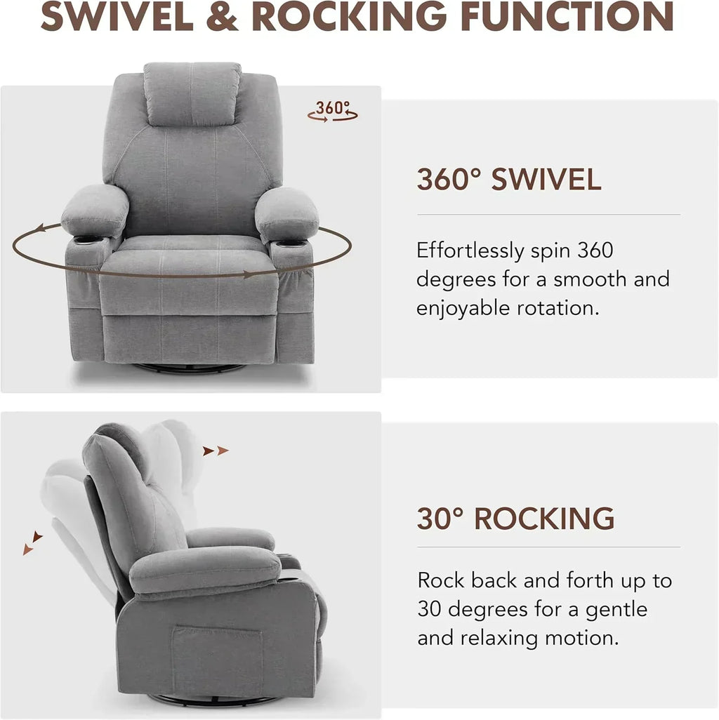 Large Swivel Rocking Recliner with Massage Function 360 Degree Swivel Rocking Single Sofa