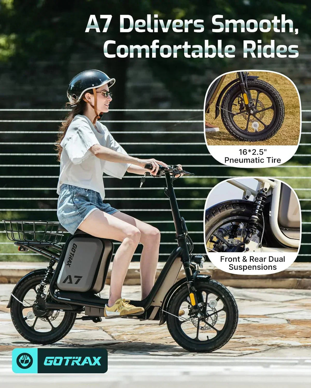 Gotrax adult electric scooter with seat maximum range of 19-25 miles all-terrain tires wide pedals