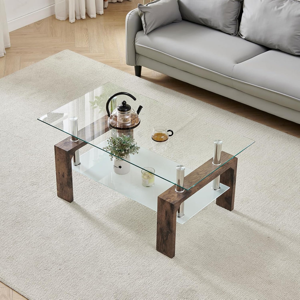 Living Room Rectangle Coffee Table, Tea Table Suitable for Waiting Room, Modern Side Coffee Table with Wooden Leg, Glass Tabletop