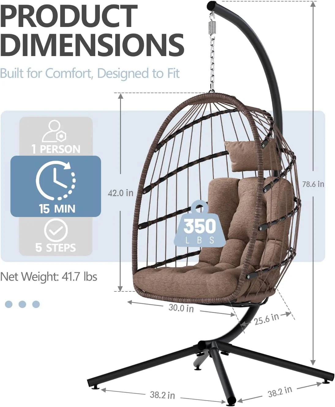 SWITTE Egg Chair Outdoor Indoor Wicker Hanging Egg Swing Chair 350lbs Capacity for Patio