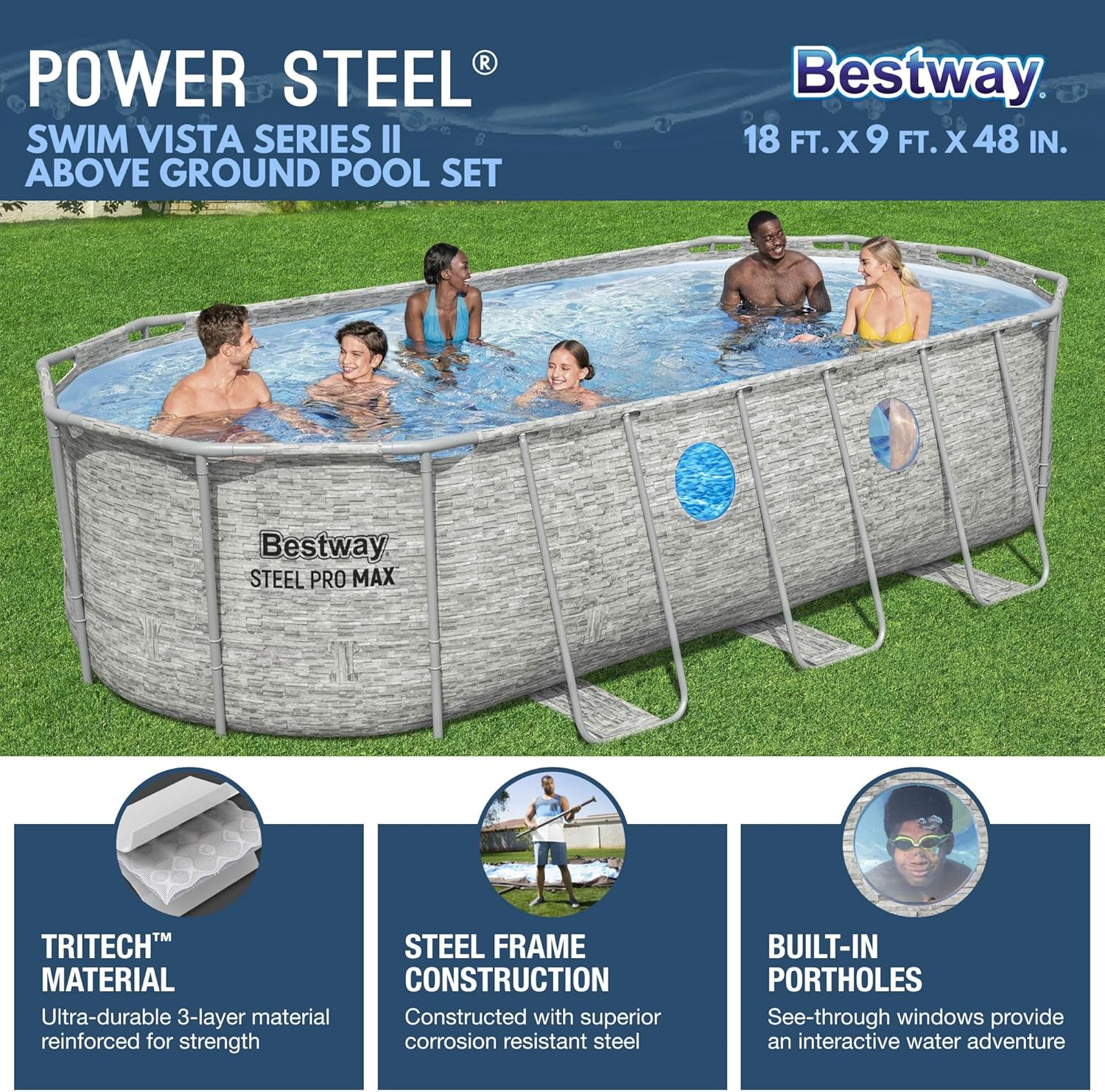 Power Steel Swim Vista Series II 14' x 8' 2 x 39.5 Above Ground Outdoor Swimming Pool Set with 530 GPH Filter Pump, Ladder, and Pool Cover