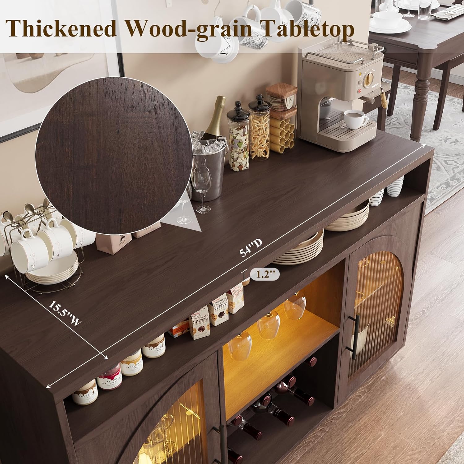 Sideboard 54-inch kitchen cabinet with LED lights and arched glass doors tall bar cabinet