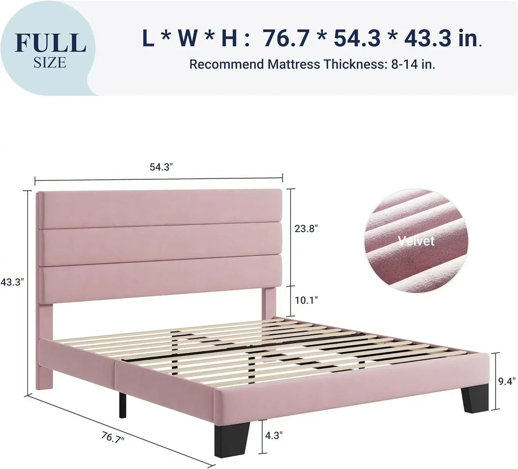 Allewie King size platform bed frame with velvet upholstered headboard and planks