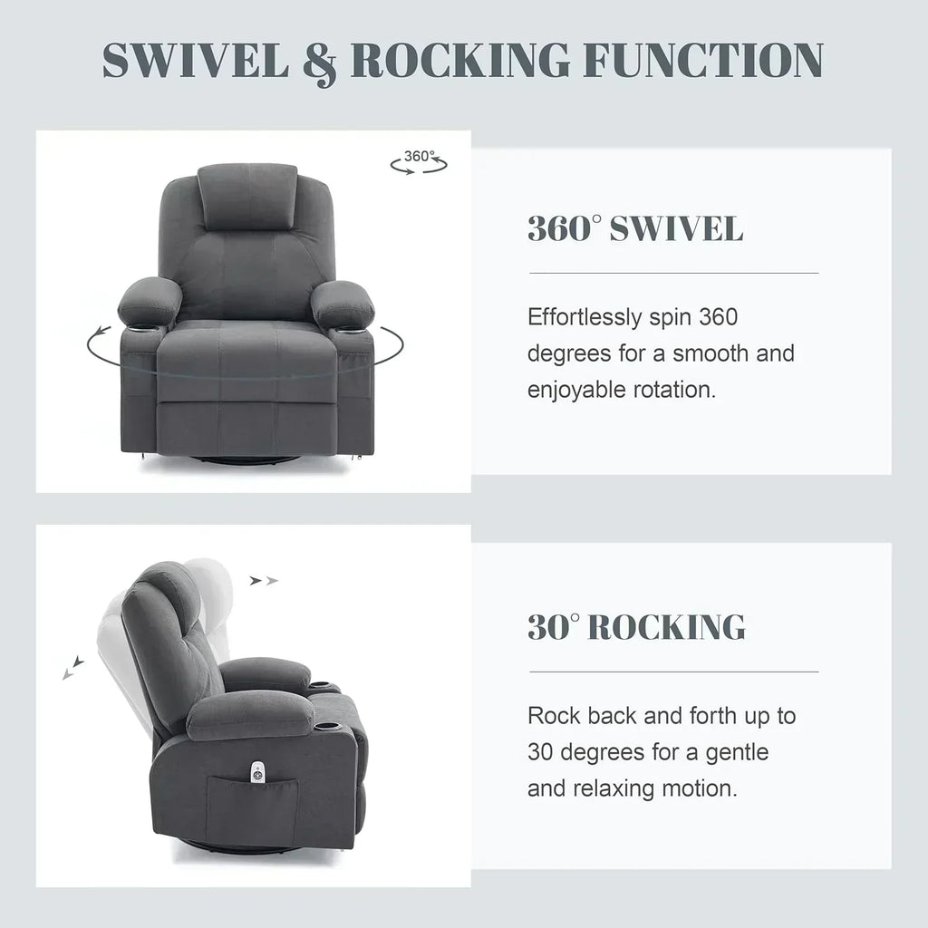 Large Swivel Rocking Recliner with Massage Function 360 Degree Swivel Rocking Single Sofa