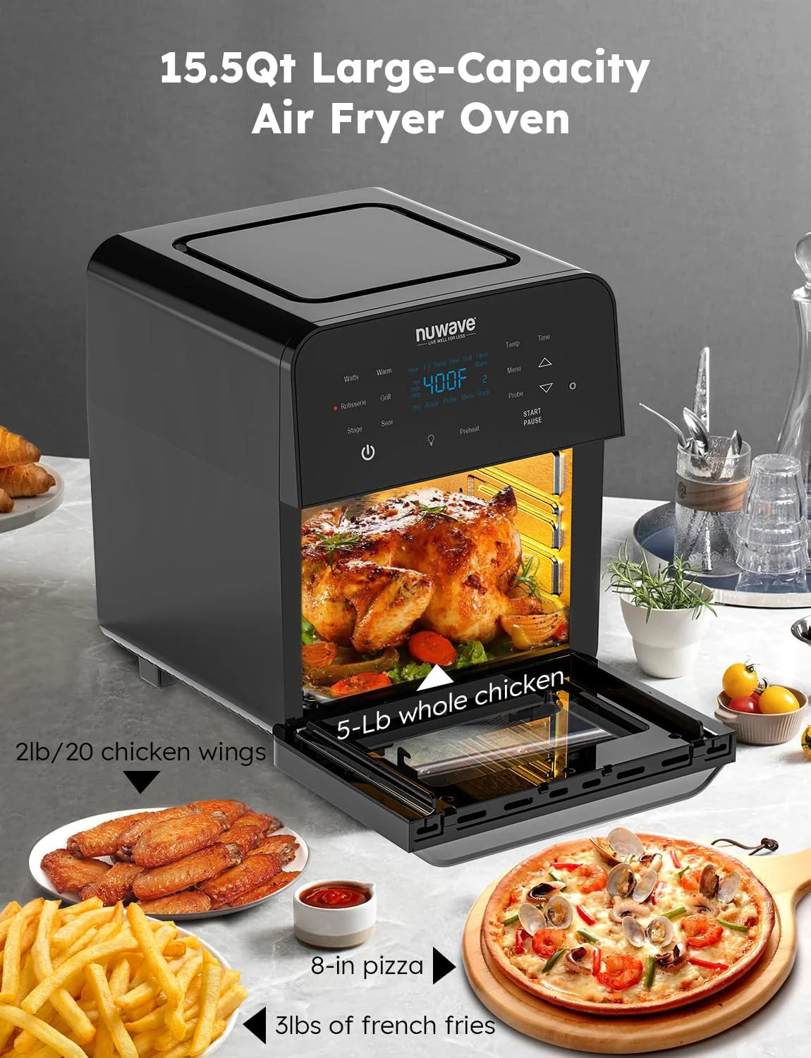 Nuwave Brio 15.5Qt Air Fryer & Broiler with 50°-425°F Temperature Control, 100 Presets and 50 Memory, Integrated Smart Thermometer, and Linear T Technology