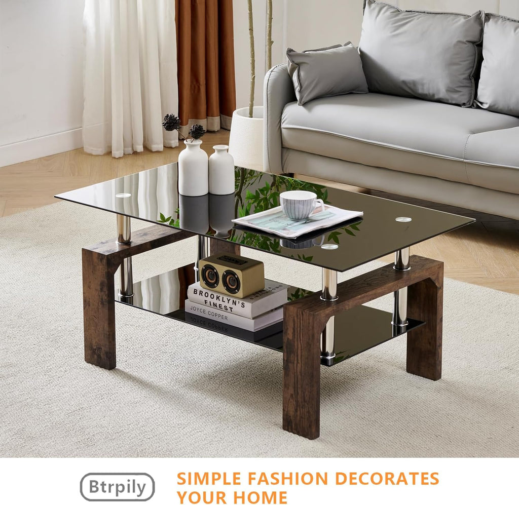 Living Room Rectangle Coffee Table, Tea Table Suitable for Waiting Room, Modern Side Coffee Table with Wooden Leg, Glass Tabletop