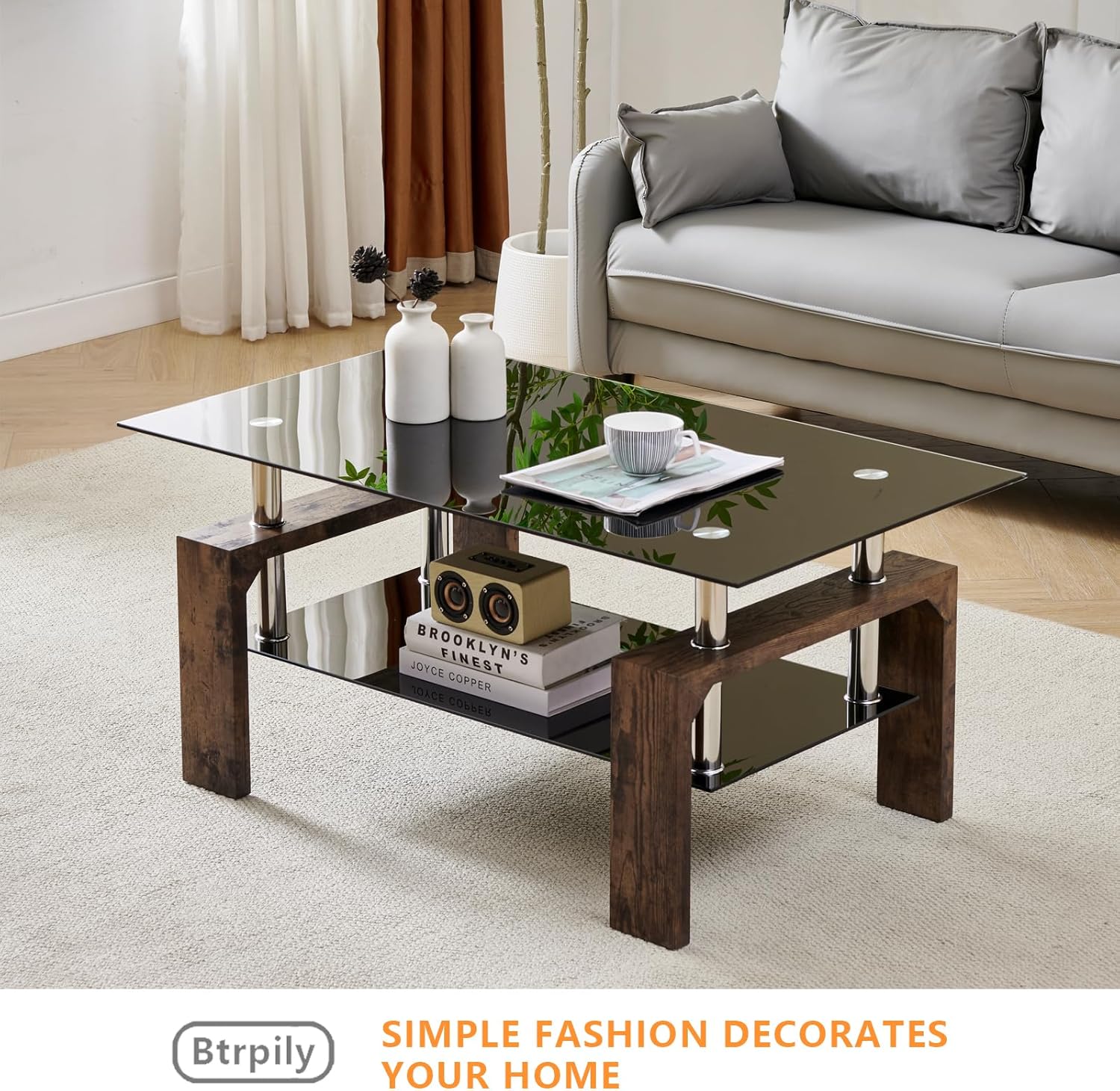 Living Room Rectangle Coffee Table, Tea Table Suitable for Waiting Room, Modern Side Coffee Table with Wooden Leg, Glass Tabletop